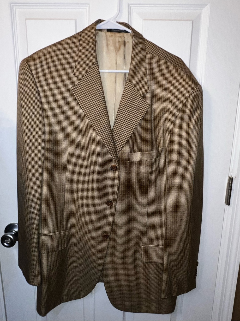 Zanella Italy Mens Houndstooth Blazer 44 Tan Brown Wool 3-Button Sport Coat